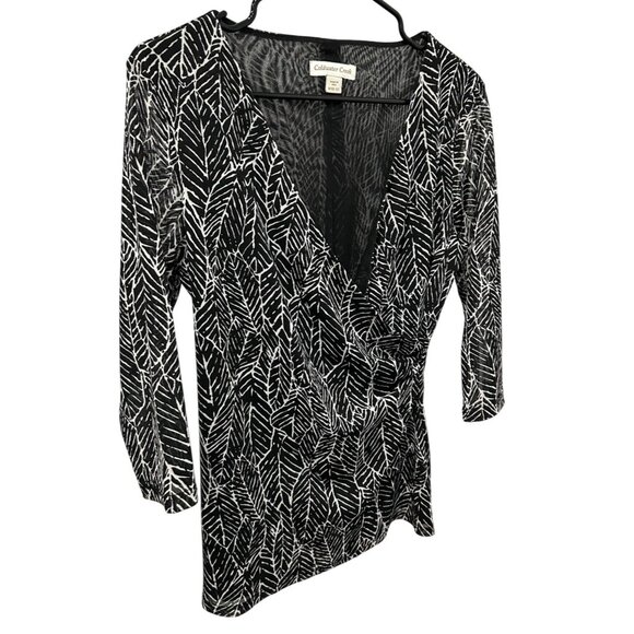 Coldwater Creek Womens Black White Leaf Print Wrap Top Sz Medium - Picture 3 of 9